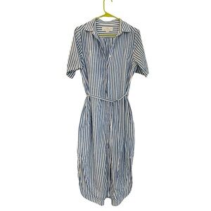 Trovata Birds of Paradise Blue White Striped Midi Shirt Dress Small Luxury